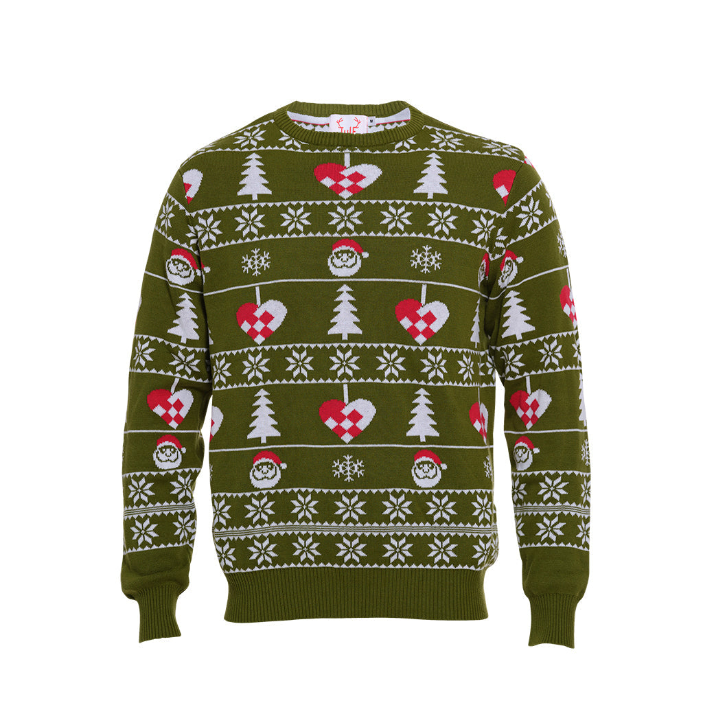 En khakigrønne julesweater med julehjerter og julemænd.